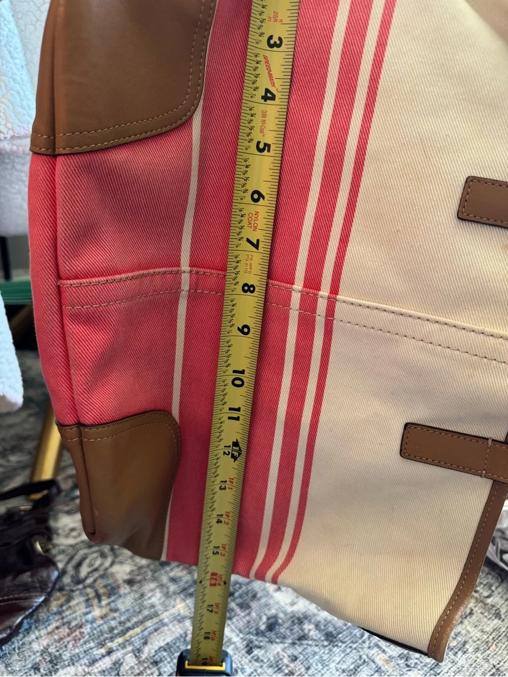 Coach Pink and Cream Canvas Stripe Tote with Tan Leather Trim